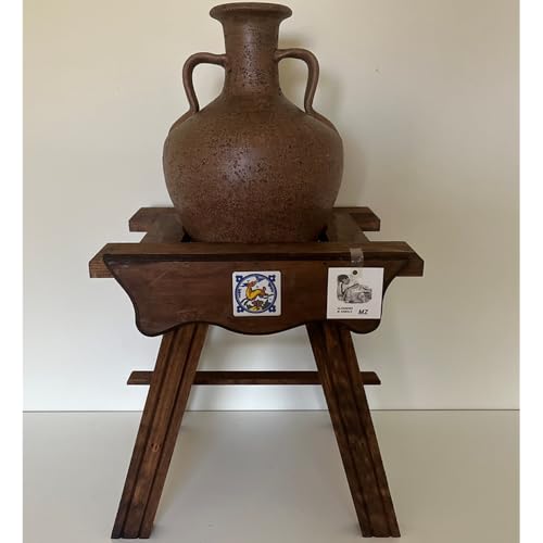 Cantarera de madera rústica artesanal mini con un cántaro de 30cm de barro RÚSTICO de dos asas
