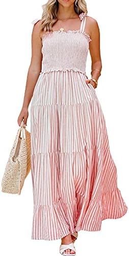 R.Vivimos Women's Summer Cotton Adjustable Straps Boho Stripe Casual Flowy A Line Midi Dress with Pockets (Large, Pink-Stripe)