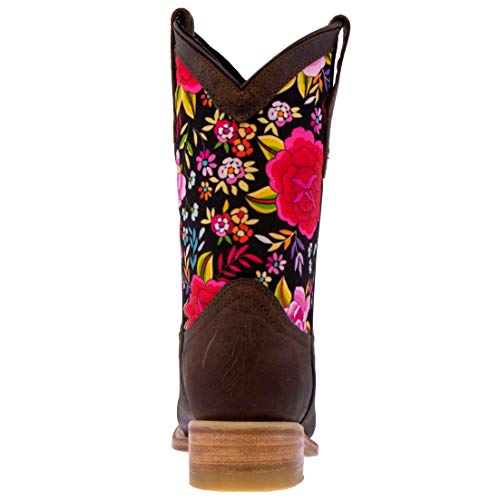 Kids Brown Western Cowboy Boots Flower Design Leather Square Toe3