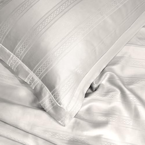 Image of Sassoon Artemis Italian Jacquard Weave Sateen Cotton Bedsheet - 400 TC, Cotton, Stripe Design, King Size (108 x 108 inches), Color: Ivory, Soft, Breathable, - 1 Bedsheet + 2 Pillow Covers