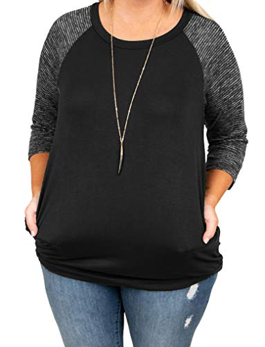Womens Tops Plus Size Raglan Shirt 3/4 Sleeve Short Sleeve Striped Crew Neck Tshirt Tunic With Pockets B-Black #TOP1