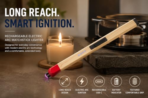 Image of Rechargeable Electric Plasma Arc Candle Lighter with LED Battery Indicator & Safety Switch, USB Charging Windproof Long Handle Igniter for Candles, Diya, Gas Stove, BBQ & Kitchen Use