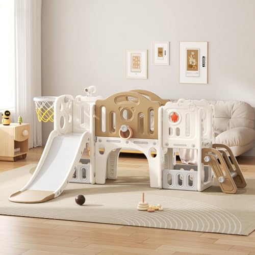 Scivolo e Altalena per Bambini con Scala da Arrampicata: Parco Giochi per Interni ed Esterni con box Portaoggetti Tunnel Scale Canestro da Basket e Zona di Passaggio (Elf Set-E-Brown)