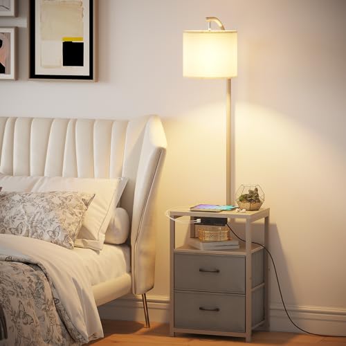 Image of SUNMORY Floor Standing Lamp with Table & 2 Drawers, USB & AC Charging Port | 3 Color Temperature LED Bulb, Modern Nightstand for Bedroom, Shelves End Side Table Lamp for Living Room Home Office, Grey