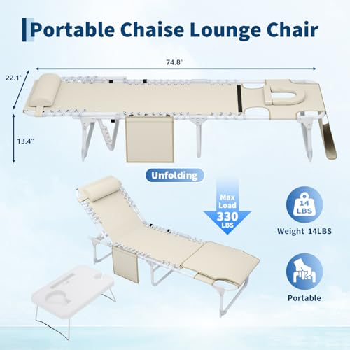 GarveeLife Tanning Chair with Face Hole, 3-in-1 Outside Beach Lounge Chair Outdoor with Folding Table, 5 Reclining Positions and Removable Pillow for Beach Pool Lawn Yard Patio, Max 330lbs (Beige) by GarveeLife - Image 4
