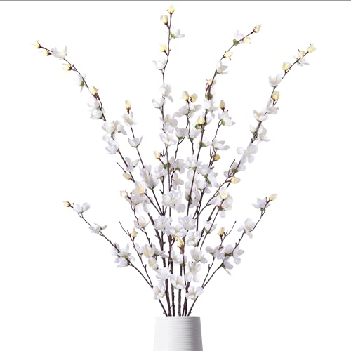 Ammyoo Artificial Faux Plants Flowers Indoor Spring Summer Decor, 4 Bundles Fake Silk Plum Blossom,Faux Silk Cherry Blossom Branches for Wedding Office Party Hotel Home Decor, Vase Not Included(White)