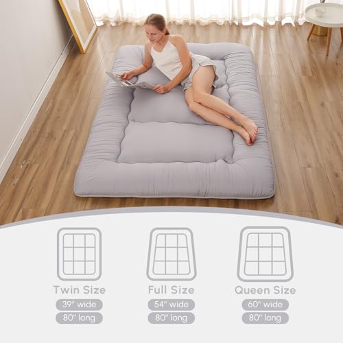Zelladorra Japanese Floor Mattress, Futon Mattress with Storage Bag and Washable Cover, Roll Up Tatami Mat Suitable for Guest Room, Grey, Queen