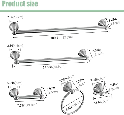 Sagetta Nickel Bathroom Hardware Set, 5-Piece Bath Accessories Set Wall Mount Includes 20 In Towel Bar, 16 In Towel Bar, Towel Ring, Tp Holder, Towel Hook Brushed Nickel #TOP4