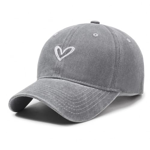 YuMENo Womens Heart Embroidered Baseball Cap Vintage Washed Cotton Adjustable Low Profile Dad Hats Grey