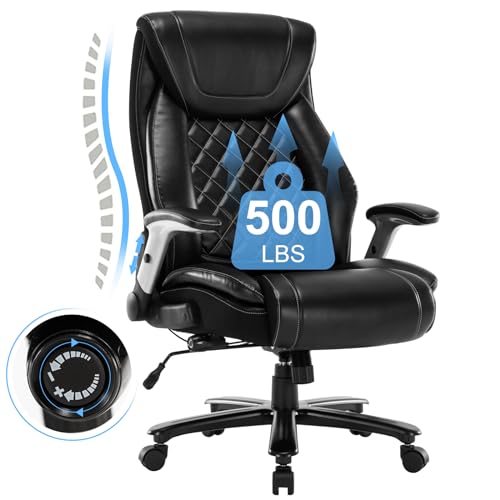 Seevoo Big and Tall Office Chair 400LBS High Back Executive Chair Computer Chair- Adjustable Lumbar Support with Flip-Up Arms Large Desk Swivel Chair with Heavy Duty Metal Base,Black