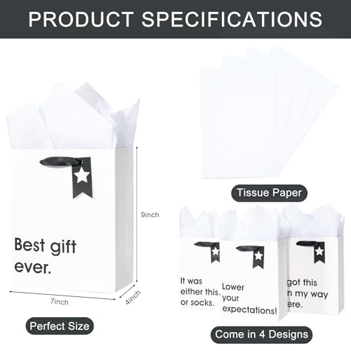 Image of Loveinside Christmas Medium Size Gift Bags Set, Funny Quirky Design with Bold Black Text Pattern with Tissue Paper Perfect for Shopping, Parties, Birthday, Holiday, 4 Pack, 7 inch X 4 inch X 9 inch