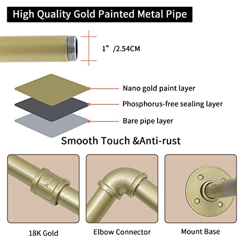 Oroonoko 72Inch Gold Wall Mounted Clothes Rack, Industrial Pipe Garment Rack Hanging Rod Bar For Closet Storage,Laundry Room Up To Max Load 135Lbs(Gold) #TOP4