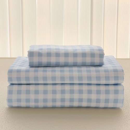 NSNLGSGC Light Blue Gingham King Sheet Set Soft Brushed Microfiber Baby Blue Plaid King Bed Sheets 4-Pieces Grid Sheet Set with Deep Pocket