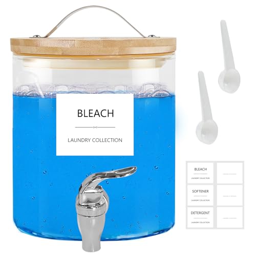 Glass Laundry Detergent Dispenser with Bamboo Sealed Lid, 1.5L Fabric Softener Dispenser for Laundry Room Organization, Glass Jar for Liquid Detergent Holder with Plastic Spigot, Glass Soap Container