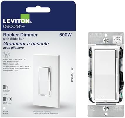 Leviton Decora Dimmer with Slide Bar and Rocker Switch, 15 Amp, DSL06-1LW, White