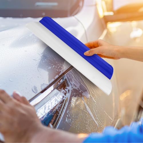 Image of 4 Pack 14 Inch Car Drying Squeegee Blue Silicone Window Blade | Flexible Silicone for Drying Windshield Shower Glass, Bathroom Window Cleaner, T-bar Design, Long Handle Wash Tool