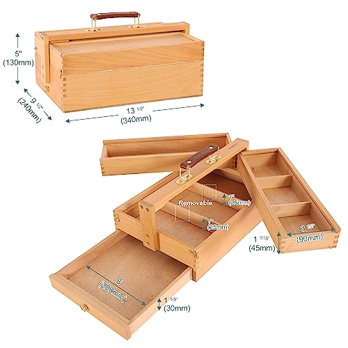 Image of VISWIN Multi-Function Artist Storage Box, Portable Solid Beech Wooden Tool Box with Drawer, Three Layers Art Supplies Storage Box for Paint Brush, Pen, Pastel, Paining Supplies, 13 1 /2 inch x9 1 /2 inchx5 inch