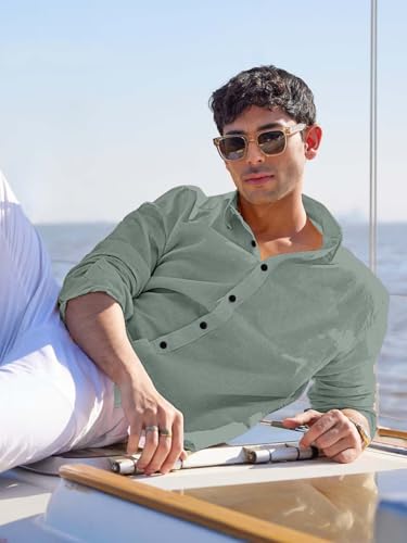 Image of Men's Linen Cotton Casual Shirt | Regular Fit Plain Shirt for Men | Long Sleeve Shirt for Casual & Formal Wear