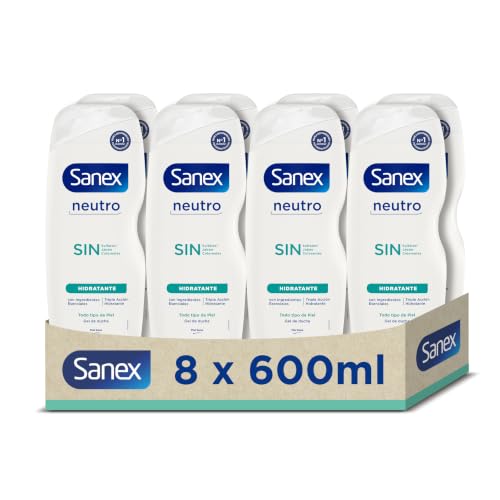 Sanex Gel de Ducha Neutro Hidratante (4x600 ml), con ingredientes esenciales, 0% sulfatos*, 0% jabón y 0% colorantes, para todo tipo de piel, hidratación duradera, tecnología triple acción