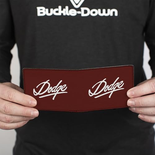 Buckle-Down Men's PU Bifold Wallet-Dodge Emblem Script Burgundy/White, Multicolor, 4.0" x 3.5"4