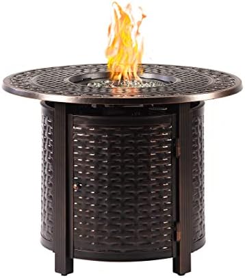 Aluminum 37,0000 BTU 34 in. Round Propane Black Fire Pit Table with Fire Beads, Lid, Propane Tank Cover and Table Fabric Covers in Copper Finish
