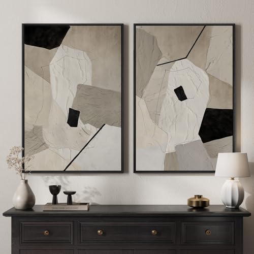Framed Neutral Beige and Black Abstract Wall Art for Living