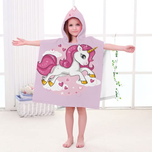 Serviette de Plage Poncho avec Capuchon pour Enfant, Motifs Mignons Dessin animé Imprimé Licorne, Super Doux Poncho à Capuche Fille Cover