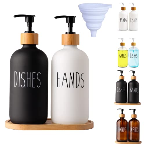 Image of LOOCHICA 2 Pack Glass Soap Dispenser Set with Tray, Hand and Dish Glass Soap Dispensers for Kitchen Sink, Kitchen Soap Dispenser Set Suitable for Black and White Kitchen Decor