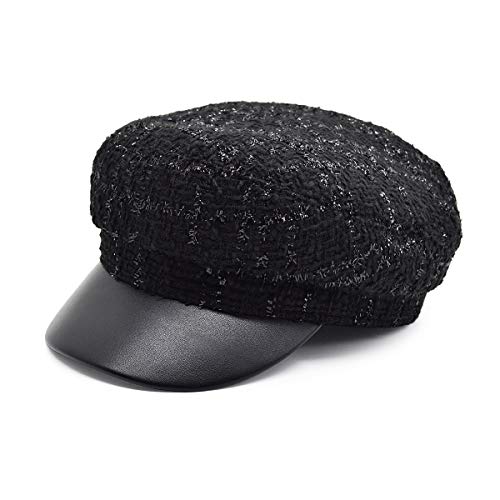 Women's Black Shimmering Tweed Plaid Newsboy Cap Gatsby Cabbie Hat, Black