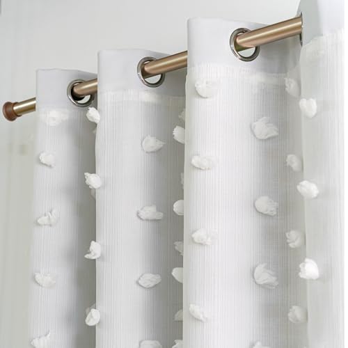 Image of Graylish White Pom Pom Curtains for Nursery Bedroom 52x108 Inch | Soft Boho Room Darkening Drapes, Grommet Privacy Double Layer Curtains for Living Room, Girls &Toddler room Decor, 2 Panels
