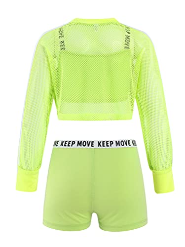 Inhzoy Kids Girls Cool Hip Hop Dance Outfits 3Pcs Workout Short Net Blouse With Tank Top And Boyshorts Set Fluorescent Green 8 Years #TOP3