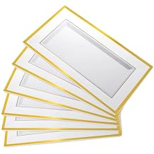 Uenhoy 8 Pcs White Plastic Serving Trays for Party 13" x 8" Rectangle Dessert Trays & Platters with Gold Trim, Fruit Tray Disposable Platters for Cupcake Cookie Dessert Appetizers