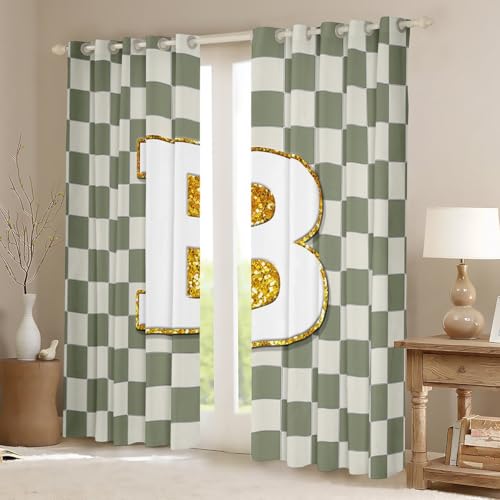 Image of Erosebridal Sage Green Checkered Window Curtains 42 inch Wx90 L Plaid Initial B Blackout Curtains for Bedroom Living Room,Personalized Monogram Window Treatments Grids Gingham Drapes Decor 2 Panels