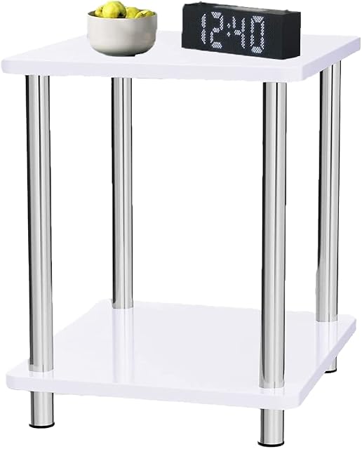 KHAPALWAK 2 Tier Norsk White High Gloss Sofa Side Table Coffee Table With Stainless Steel Legs Nightstand End Table For Living Room Bedroom Home & Office