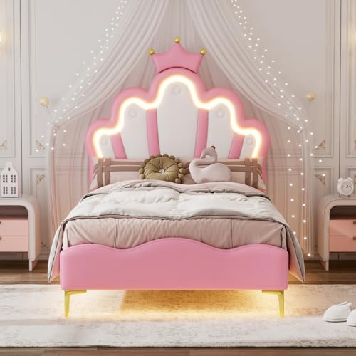 BSCFHCZ Lit enfant rembourré de 90 x 200 cm, avec éclairage LED, tête de lit en forme de couronne, lit simple avec sommier, structure de lit pour fille (rose +...