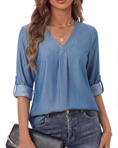Youtalia Women's Flowy Dressy Classy Tops 3/4 Sleeve V Neck Rayon Blouses for Work Office Business Casual Spring Summer, Dark Wash Denim, XL