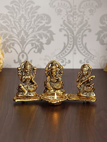 eCraftIndia Golden Metal Handcrafted Lakshmi Ganesha Saraswati Idols With Diya On Leaf Chowki - Auspicious Decorative Idols & Diyas For Puja Room, Home, Office, Temple - Gift For Diwali, Housewarming