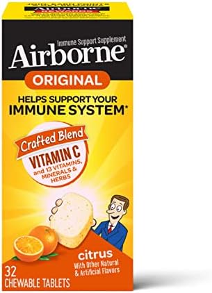 Airborne 1000mg Vitamin C Chewable Tablets with Zinc, Immune Support Supplement with Powerful Antioxidants Vitamins A C & E - 32 Chewable Tablets, Citrus Flavor