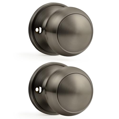Probrico Satin Gunmetal Door Knob One Side 2 Pack, Fake Door Handles Dummy Function for Closet French Doors, Grey Inactive Levers, Flat Ball Knob