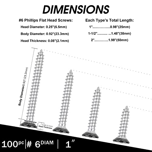 Image of Black Head 100 PCS #6X1 Stainless Steel Phillips Flat Head Wood Screws,Stainless Steel 18-8 A2(304) Screw,Home Screw Kit by QISHENG