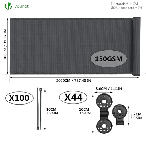 VOUNOT® Zaunblende 1×20m, Sichtschutz Zaun 150 g/m² HDPE Schattiernetz, Windschutz UV-resistent Reißfest, mit Löcher und Kabelbinder, Anthrazit