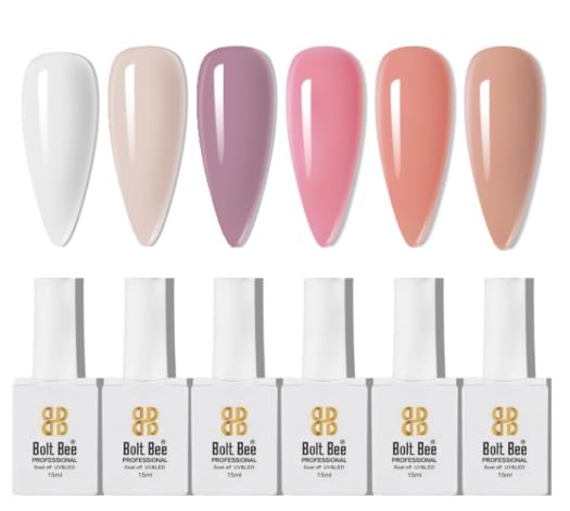 Image of Bolt Bee Gel Polish Kit, 6 Colors Light Soft Sakura White Nude Spring Soak off Nail Art Design Manicure Kit at Home (04)