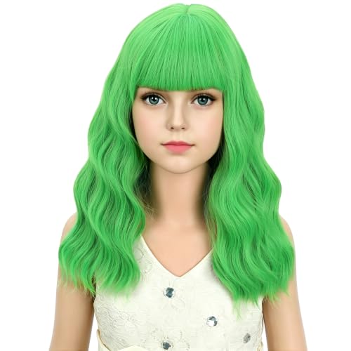 Image of Adult Green Wig Women Short Green Wavy Curly Wigs Adult Wig with Air Bangs Synthetic Cosplay Hair Wigs