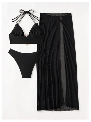 SHENHE Women's 3 Piece Halter Swimsuit Metal Ring Cheeky Bikini Set with Long Cover Up Skirt2
