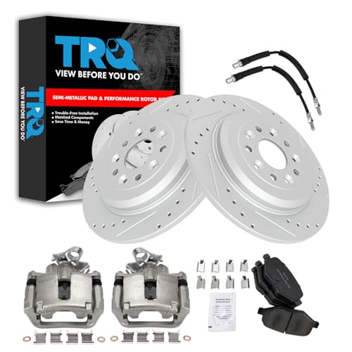 Image of TRQ Performance Rear Brake Pad and Rotor Set Semi Metallic Slotted Drilled G Coated 330mm Rotors Calipers Compatible with 2015-2018 Ford Flex 2015-2018 Lincoln MKT