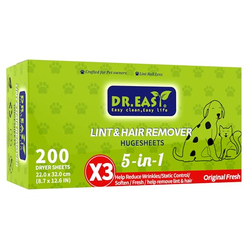 Dr.Easy HUGE乾燥機用柔軟剤シートオリジナルフレッシュ 糸くずや毛取り しわを防ぐ 柔軟効果 フレッシュ 静電気防止 3倍効果 200枚入り 植物由来成分 大きさ 特大サイズシート