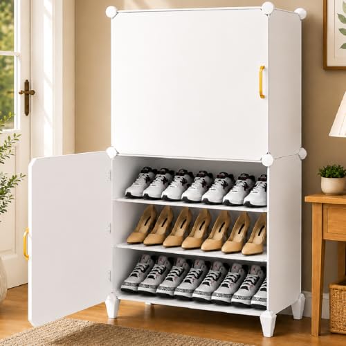 EXVITO Plastic Shoe Rack for Home with Door, 2-Door Shoe Storage Cabinet | 6-Shelfs for 18 Pairs | Waterproof & Portable DIY Shoe Slipper & Chappal Stand for Entryway/Bedroom - HG_White