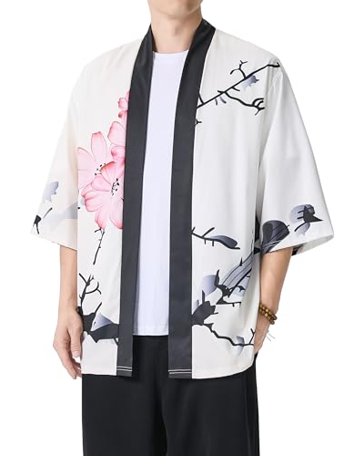 PRIJOUHE Mens Kimono Robe Lightweight Cardigan Bathrobe Casual Open Front Japanese Shirt 3/4 Sleeve Yukata Jacket3