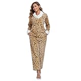 RONGTAI Conjunto de pijama de forro polar para mujer, cuello alto, estampado de leopardo, ropa de dormir térmica blanca suave con bolsillos, Marrón leopardo, Large