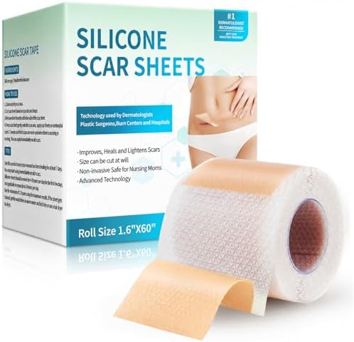Rvlaim Medical Grade Silicone Scar Sheets (1.6”x 60” Roll-1.5M), Professional Silicone Scar Tape for Surgical C-Section, Keloid, Burn & Acne Scars - Reusable, Waterproof, Stickiness Upgrade